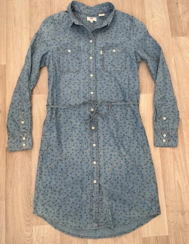 Levis Levi’s Denim Shirt Dress XS – Chambray Blue Western Print Tie Waist Button Front