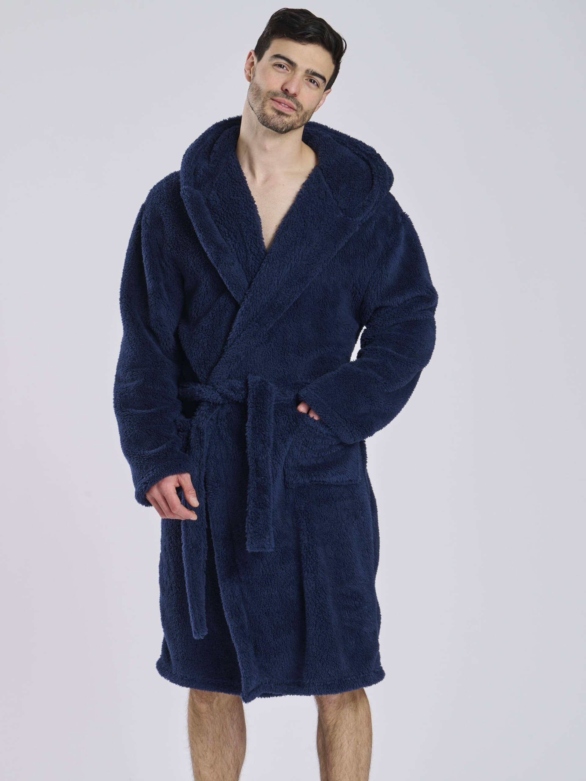 Loungeable Loungeable Men's Sherpa Hooded Robe in Navy