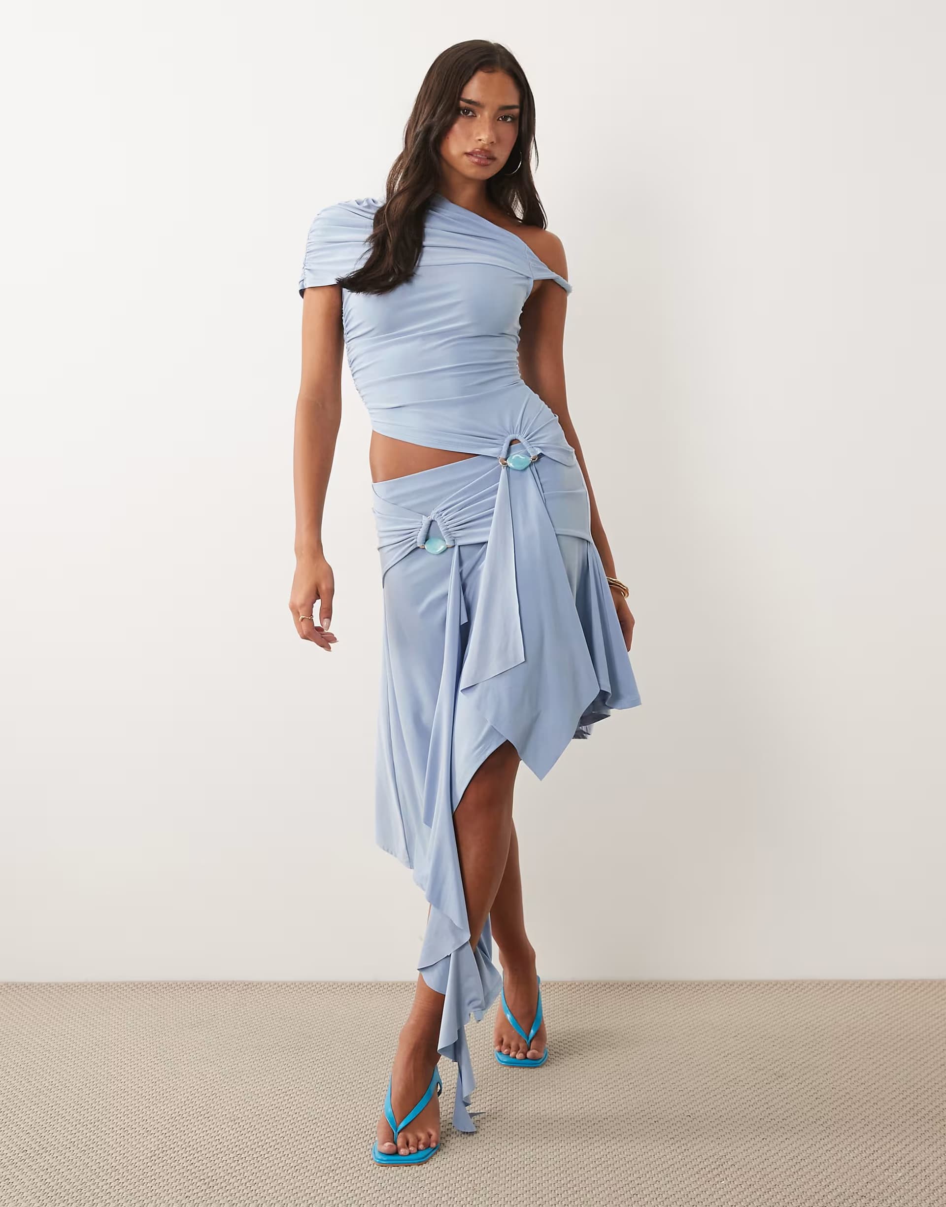 ASOS ASOS DESIGN co-ord slinky  hanky hem midi skirt with hardware in blue