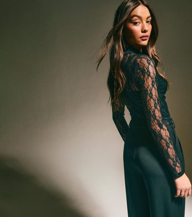 New Look Women's Black Ruched Sheer Unlined Lace Long Sleeve Bodysuit New Look - 3