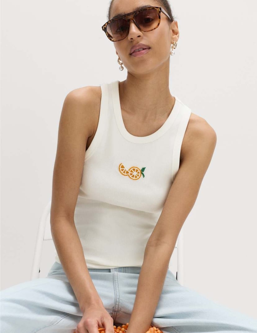 Marks & Spencer M&S Cotton Rich Embellished Ribbed Vest Soft White - 1