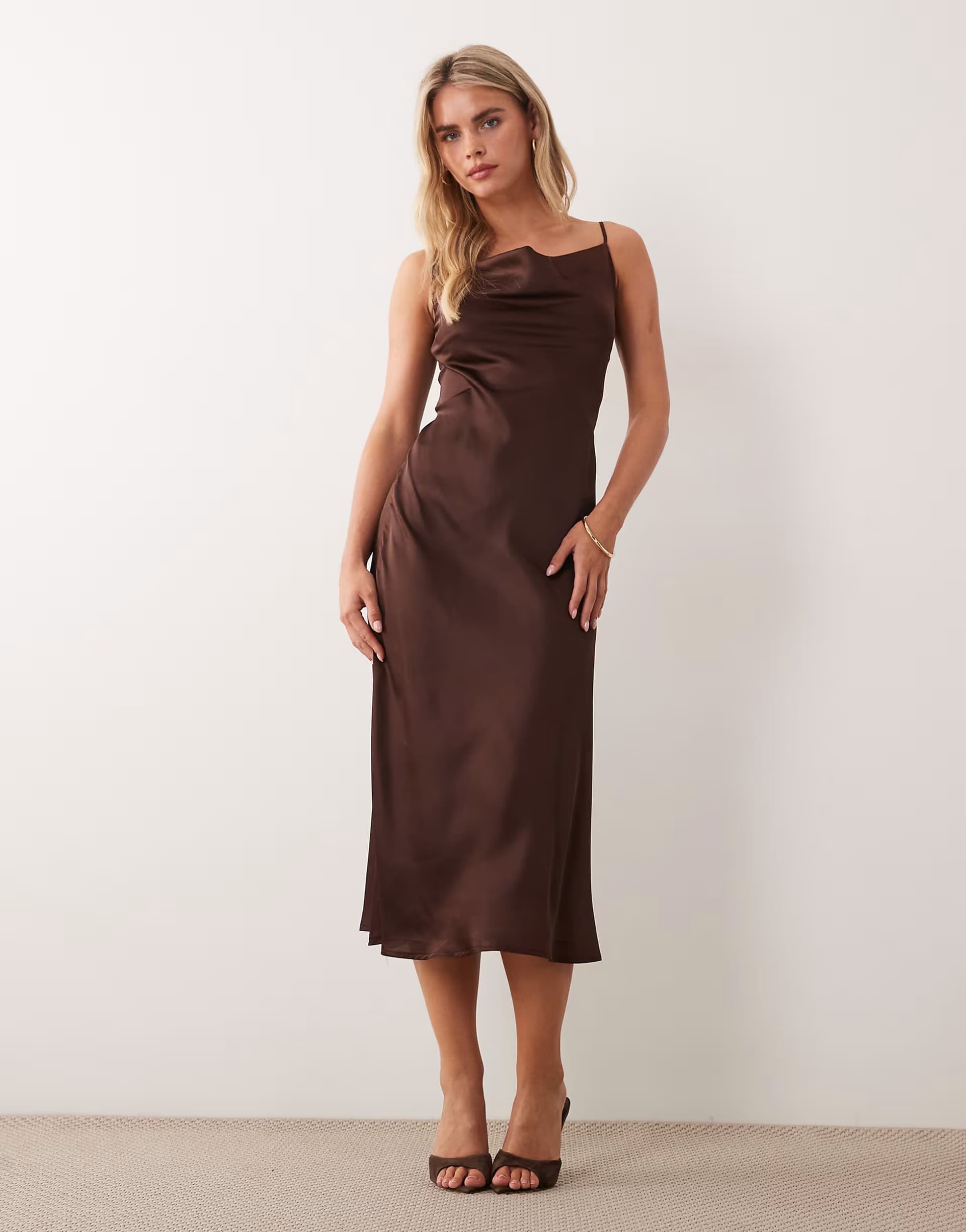 ASOS New Look Petite satin cowl neck midi dress in brown