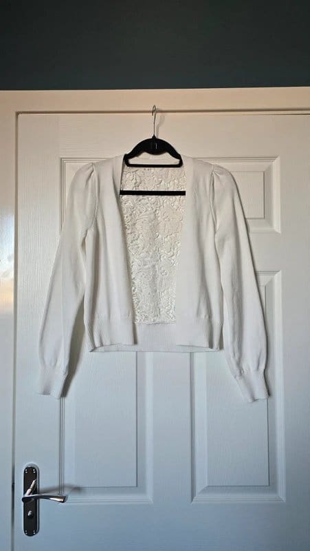 New Look White Lace-Back Cropped Cardigan Size 8