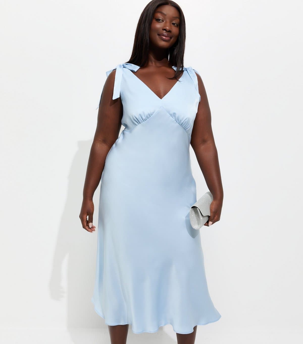 New Look Women's Plus Size Light Blue Tie Shoulder Plunge Midi Dress Curves New Look