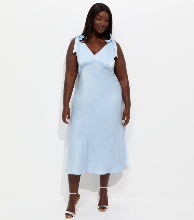 New Look Women's Plus Size Light Blue Tie Shoulder Plunge Midi Dress Curves New Look - 3