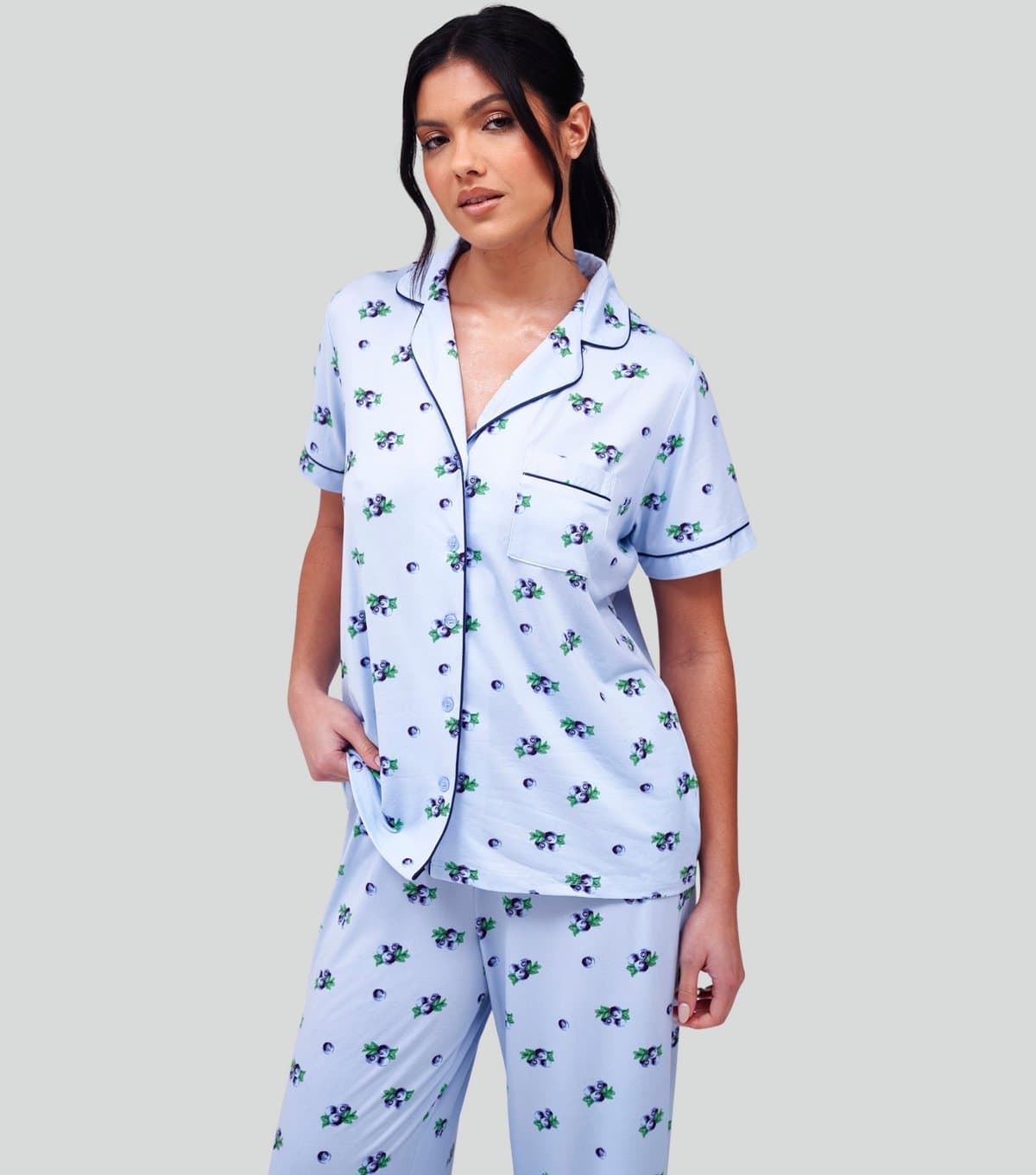 Loungeable Women's Blue Blueberry Print Short Sleeve Shirt and Trousers Pyjama Set Loungeable New Look