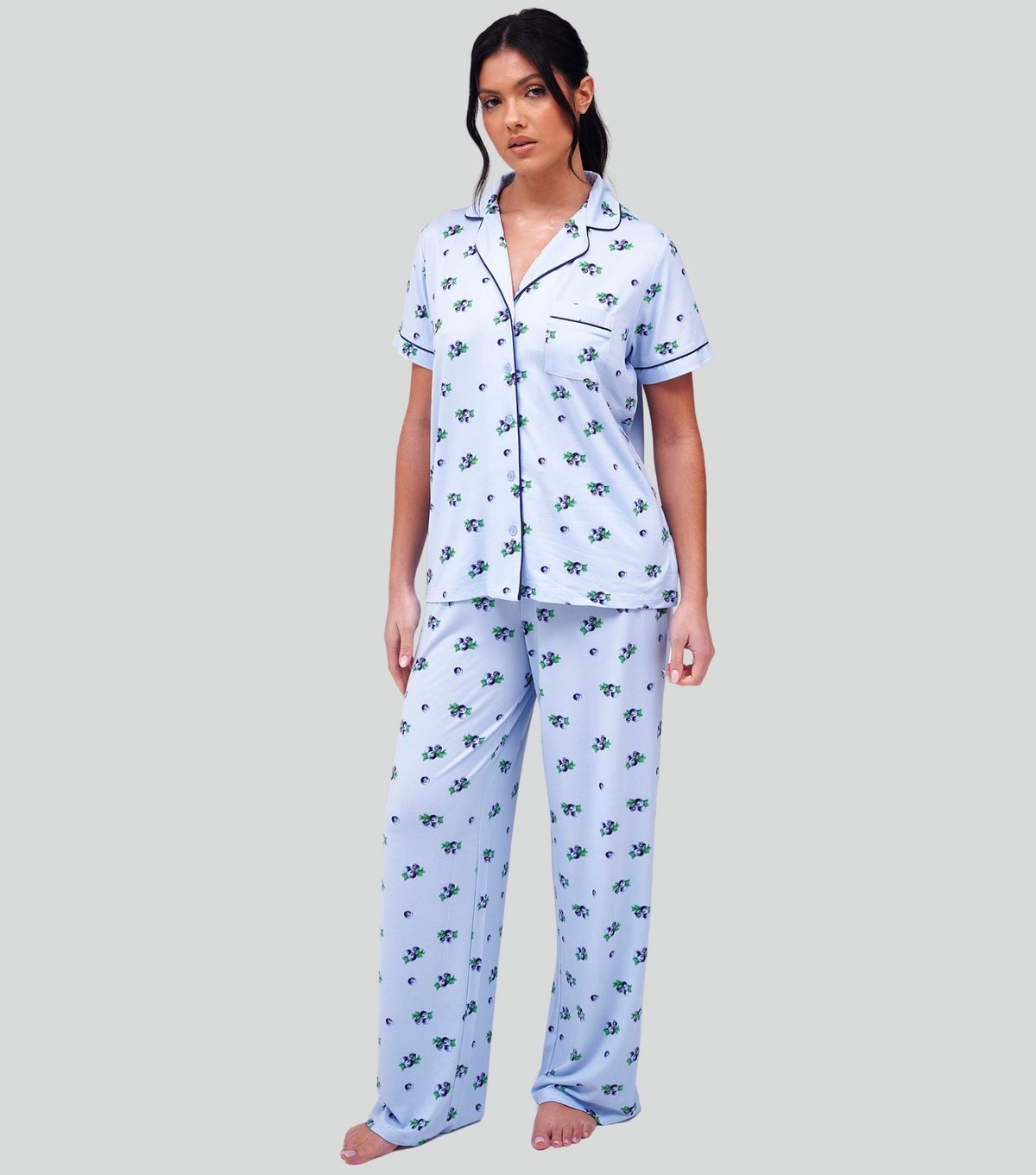 Loungeable Women's Blue Blueberry Print Short Sleeve Shirt and Trousers Pyjama Set Loungeable New Look - 3