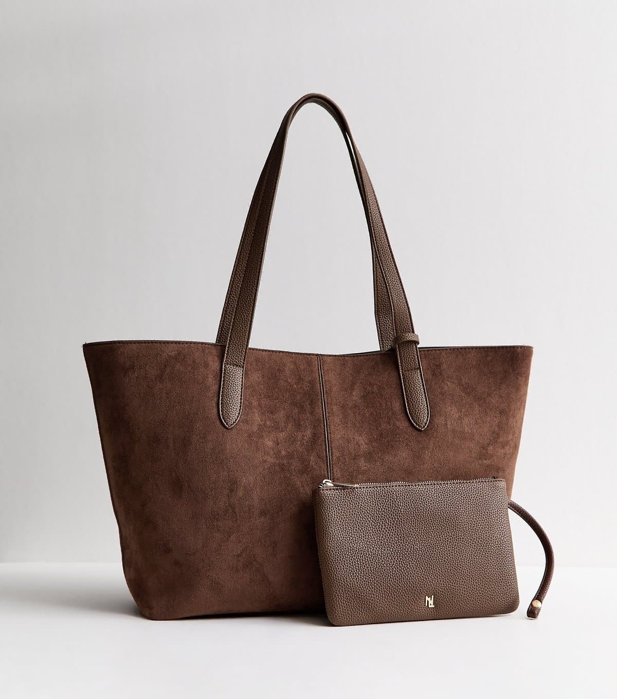 New Look Dark Brown Faux Suede Winged Shopper Tote Bag Vegan New Look