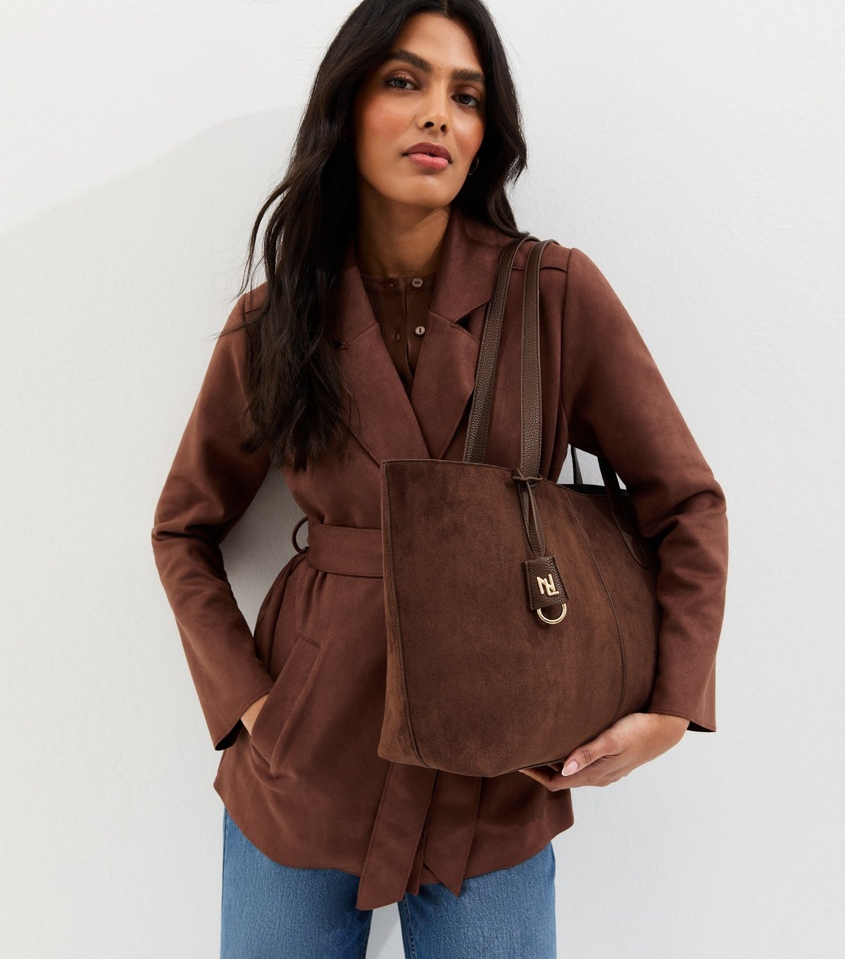 New Look Dark Brown Faux Suede Winged Shopper Tote Bag Vegan New Look - 2