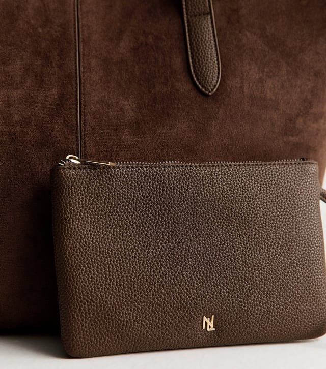 New Look Dark Brown Faux Suede Winged Shopper Tote Bag Vegan New Look - 3