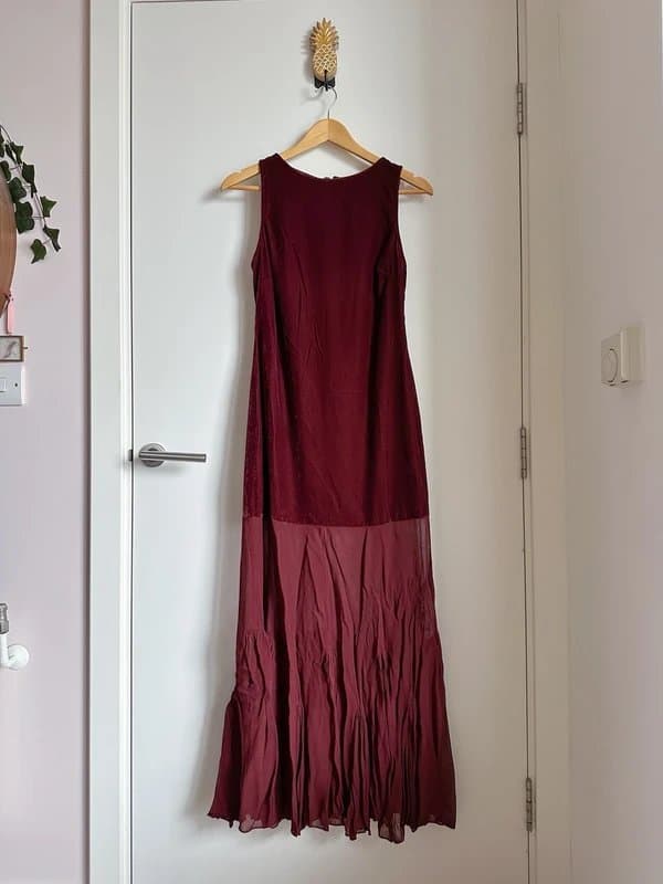ASOS ASOS Petite drop waist velvet maxi dress with sheer godet skirt in burgundy