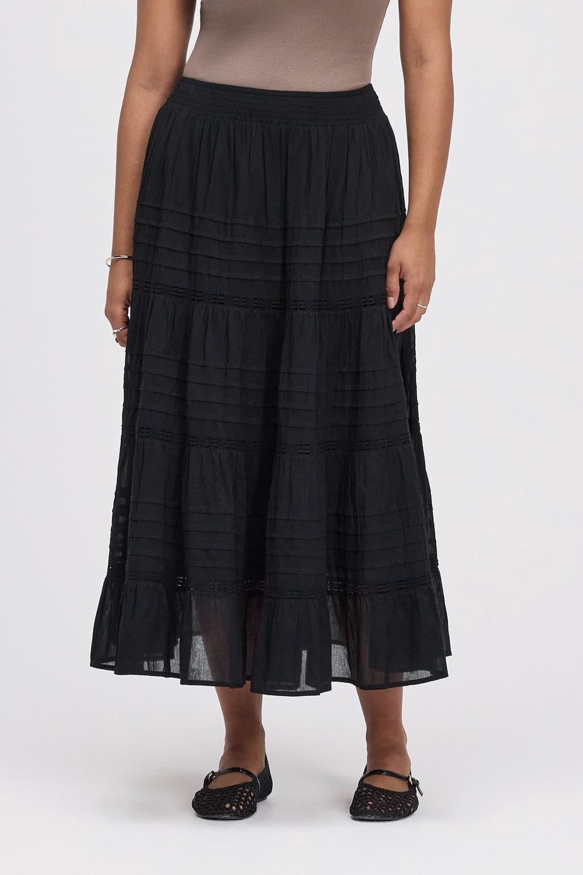 Finery London Finery London Black Cotton Tiered Midi Skirt