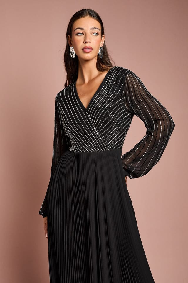 Coast Coast Women's Embellished Wrap Bodice Midi Dress With Pleated Skirt in Black - 2