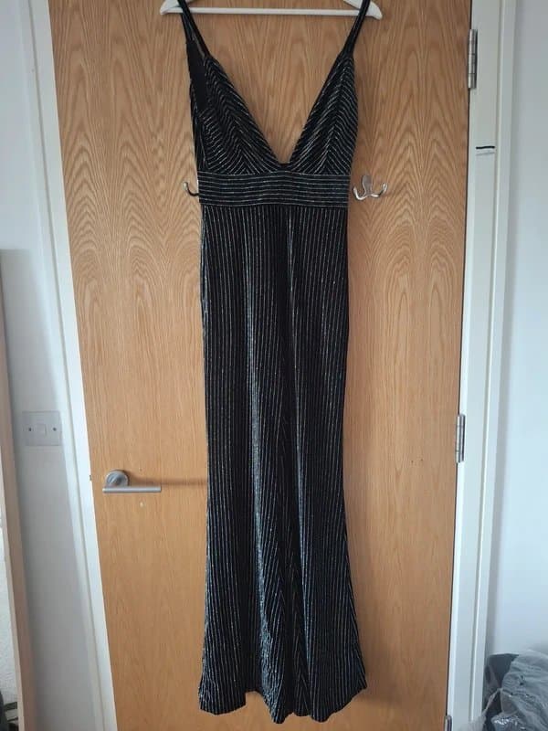 Bershka Bershka black striped glitter velvet jumpsuit deep plunge size M