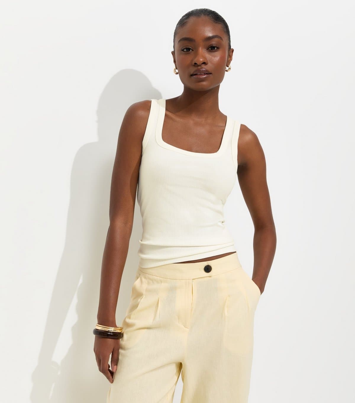 New Look Women's Off White Ribbed Cotton Rich Square Neck Vest New Look