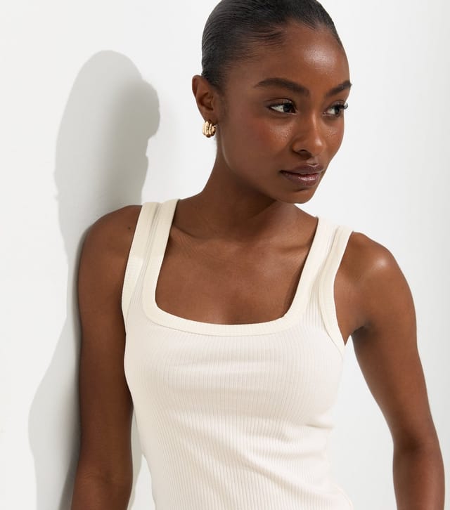 New Look Women's Off White Ribbed Cotton Rich Square Neck Vest New Look - 2