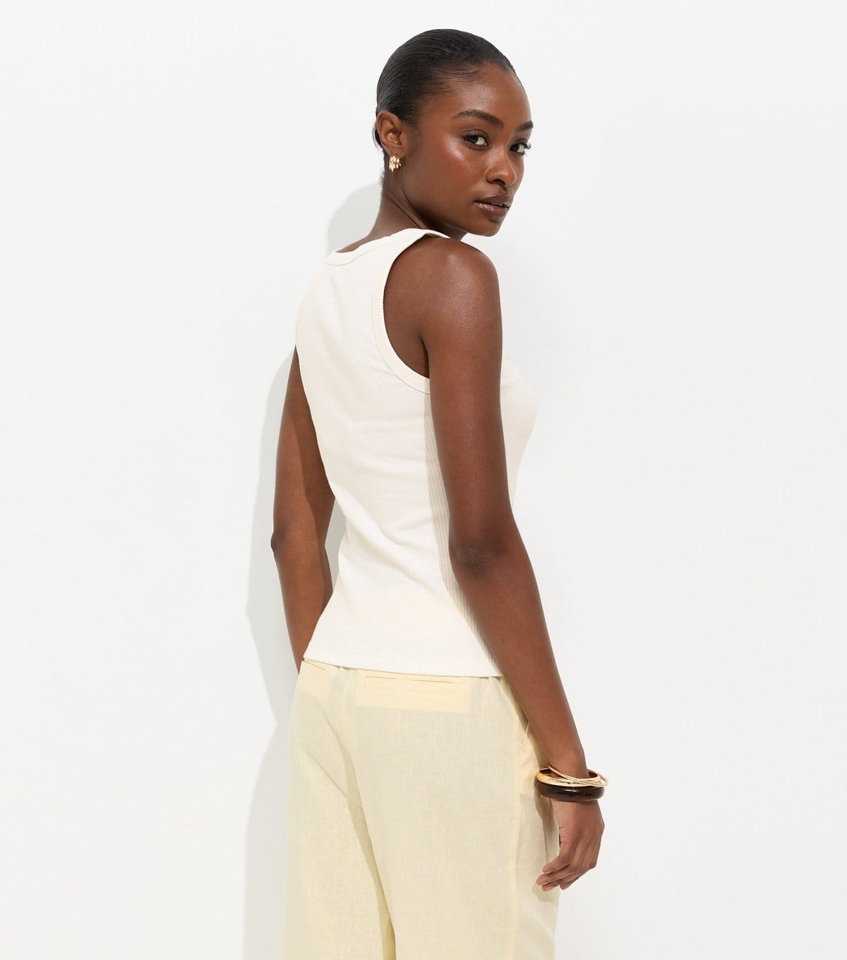 New Look Women's Off White Ribbed Cotton Rich Square Neck Vest New Look - 4