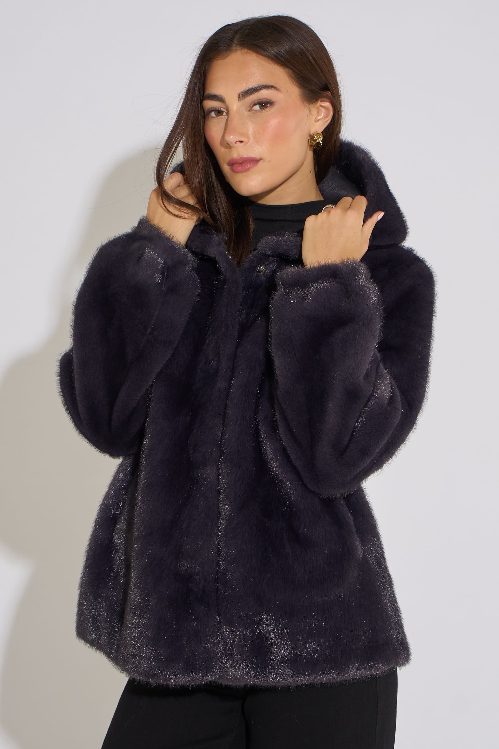 Gini London Gini London Women's Charcoal Grey Hooded Faux Fur Mid Length Jacket