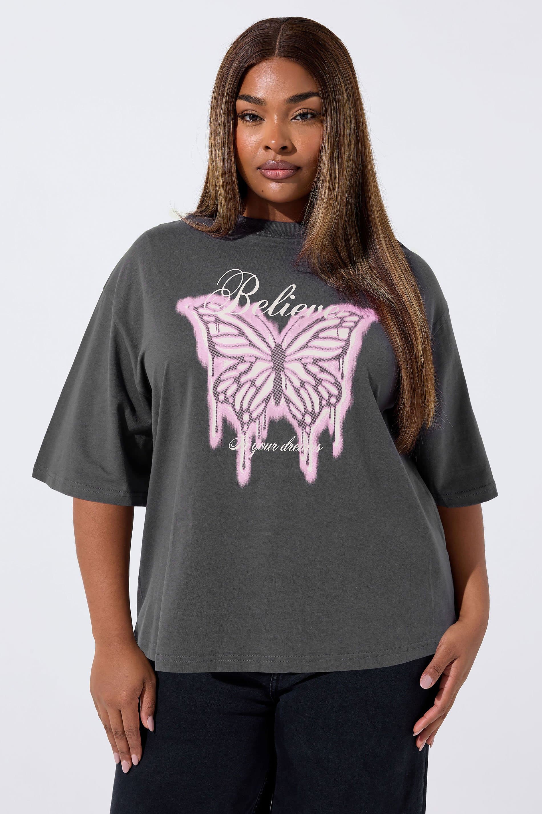 Limited Collection Plus Size Grey 'Believe' Butterfly Graphic Oversized Tshirt
