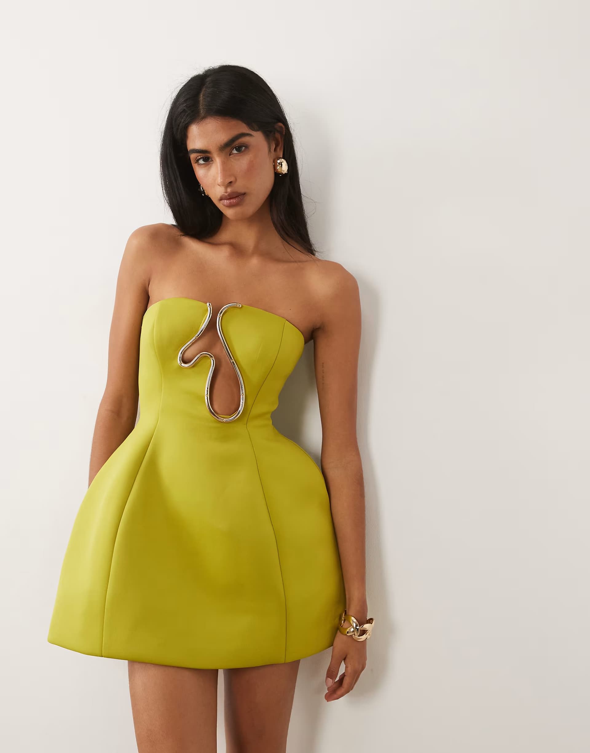 ASOS ASOS DESIGN Premium bandeau sculpted mini dress with gold trim in olive