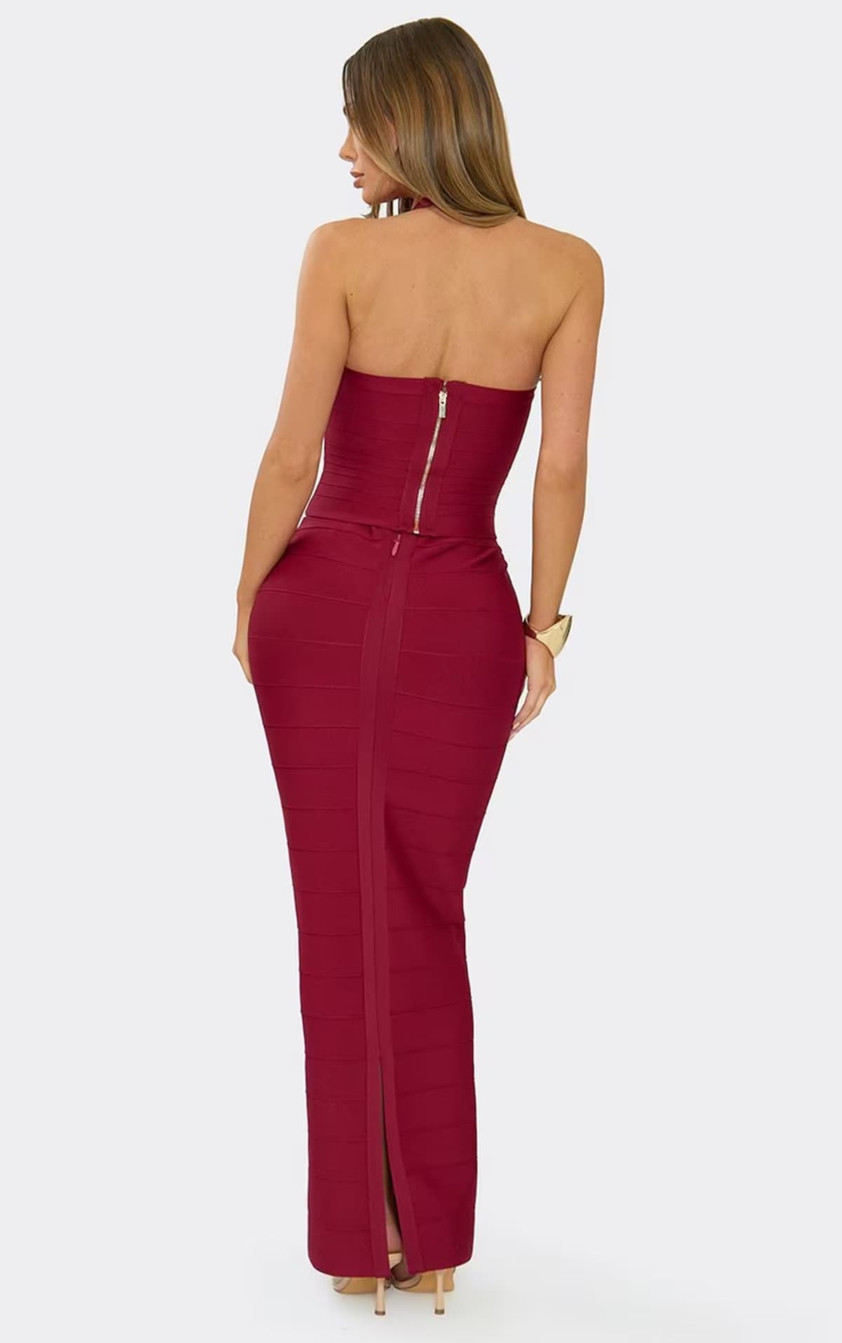 EGO Mid Rise Maxi Skirt In Burgundy Bandage, Women's Size UK 6
