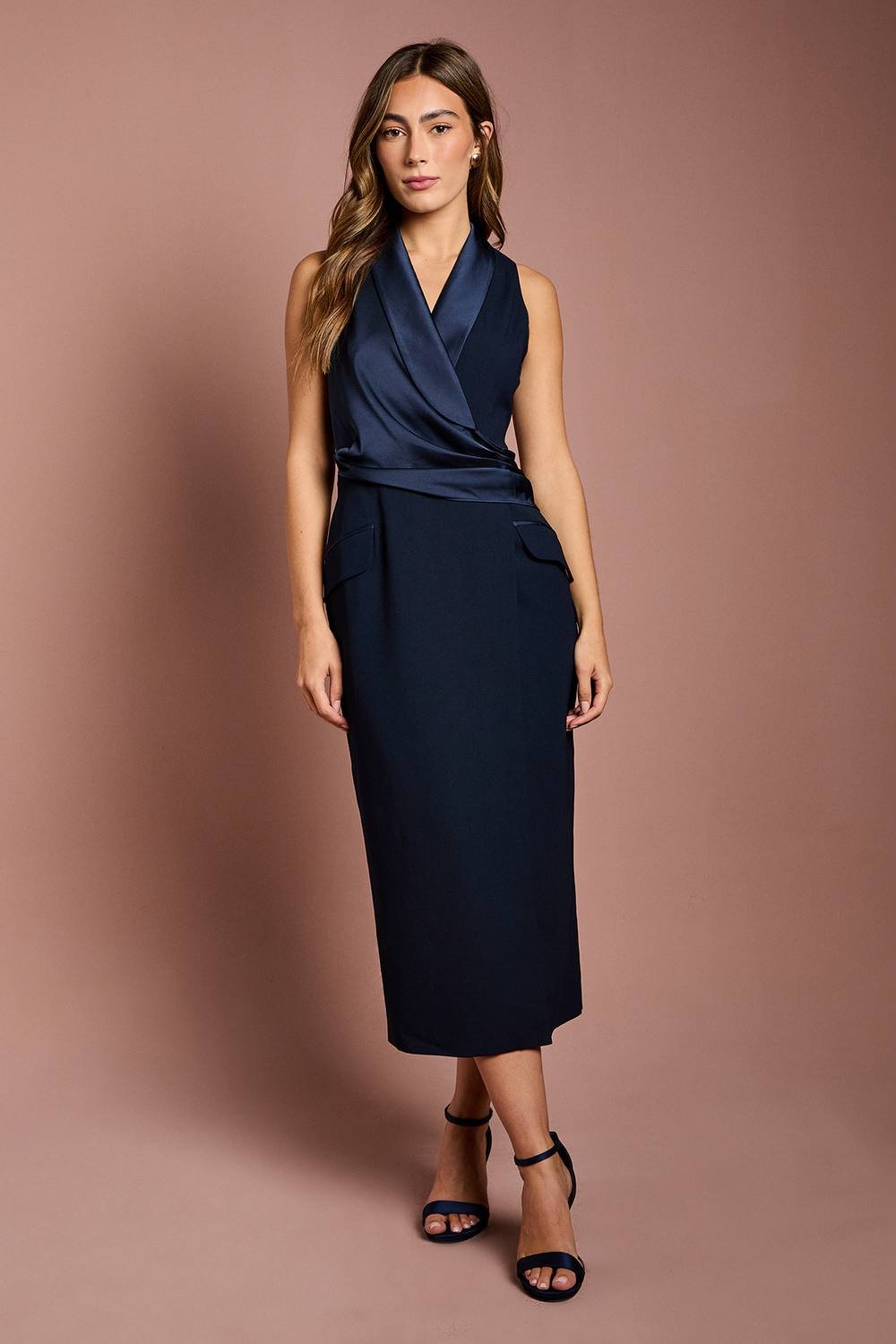 Coast Coast Women's Sleeveless Crepe Satin Wrap Midi Dress in Navy - 1