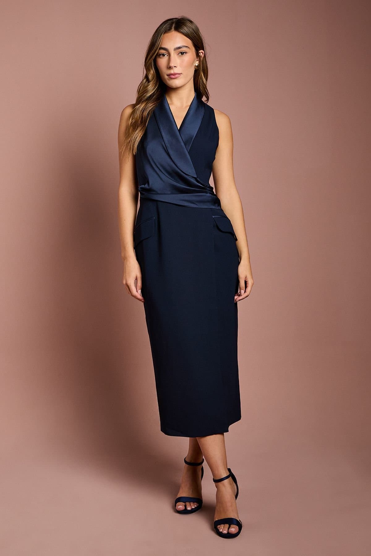 Coast Coast Women's Sleeveless Crepe Satin Wrap Midi Dress in Navy