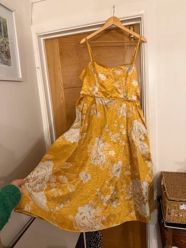 Marks & Spencer M&S Mustard Gold Silver Jacquard Brocade Retro Floral Textured Shimmer Tiered Smock Midaxi Dress