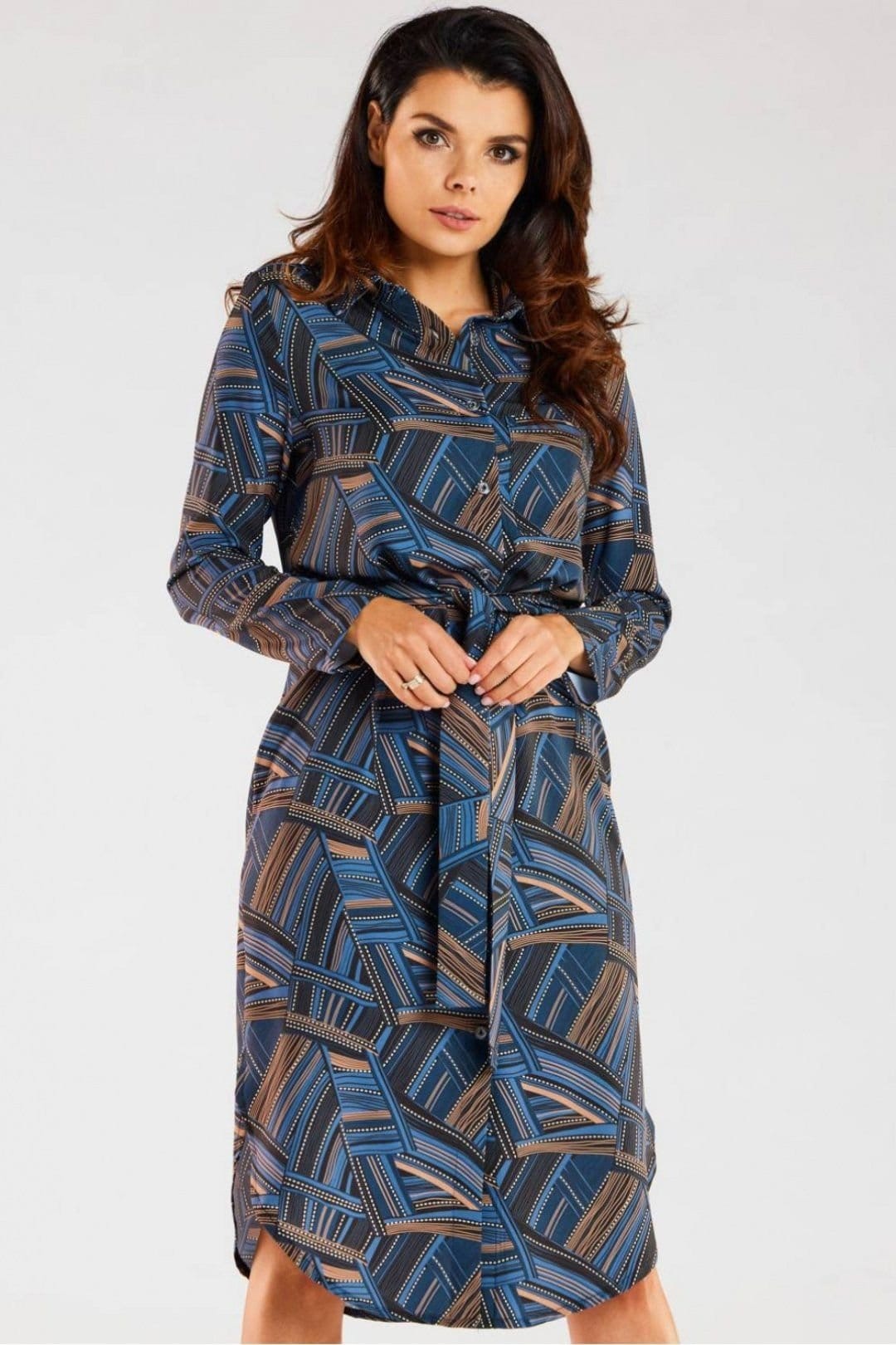 Love Lace Blue Geometric Print Shirt Dress with Belt