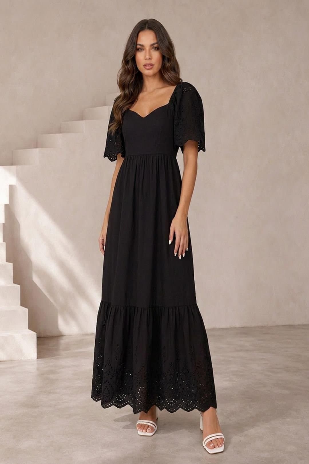 chi chi london Chi Chi London Women's Broderie Sleeve Poplin Maxi Dress in Black