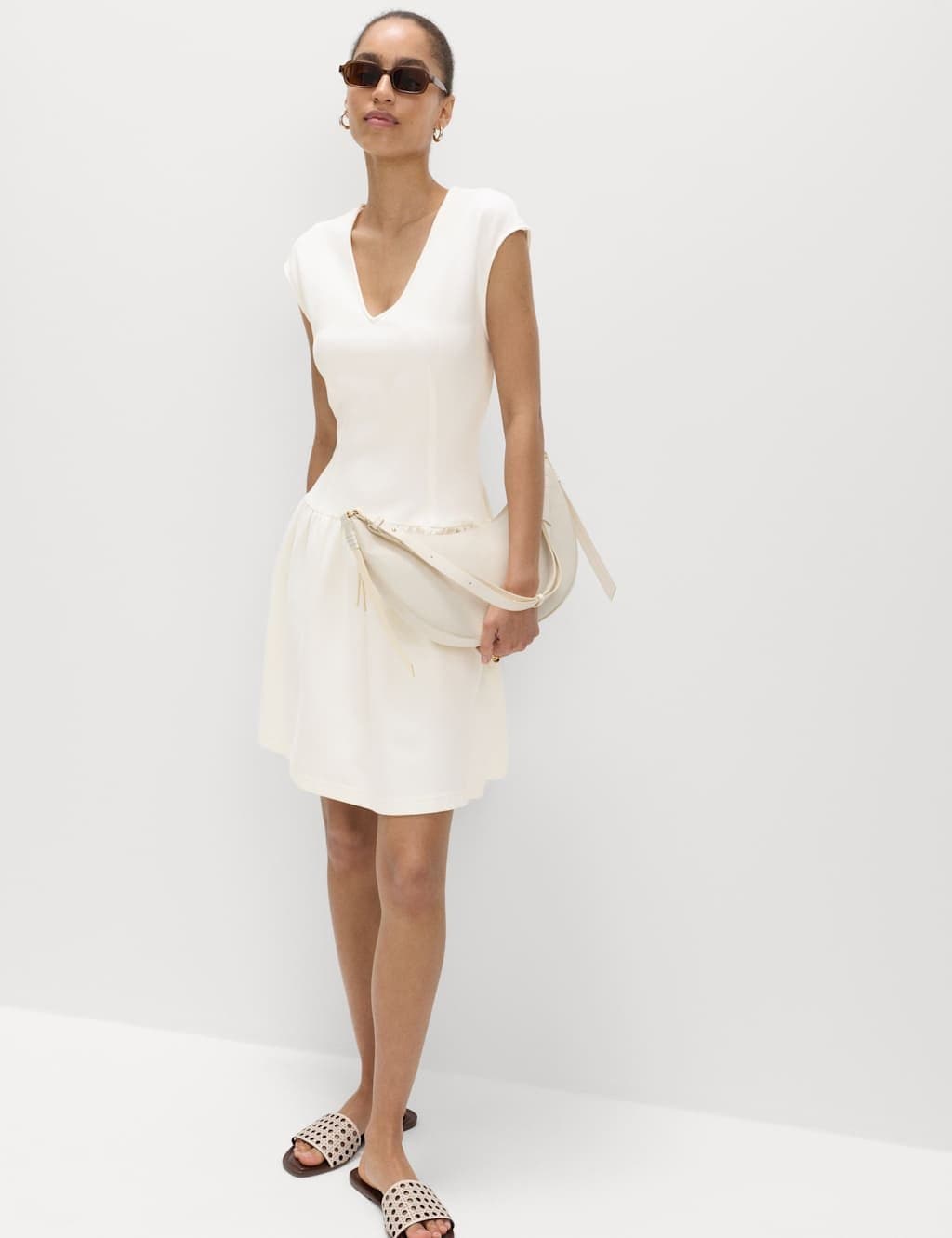 Marks & Spencer M&S Jersey V-Neck Mini Drop Waist Skater Dress Ivory