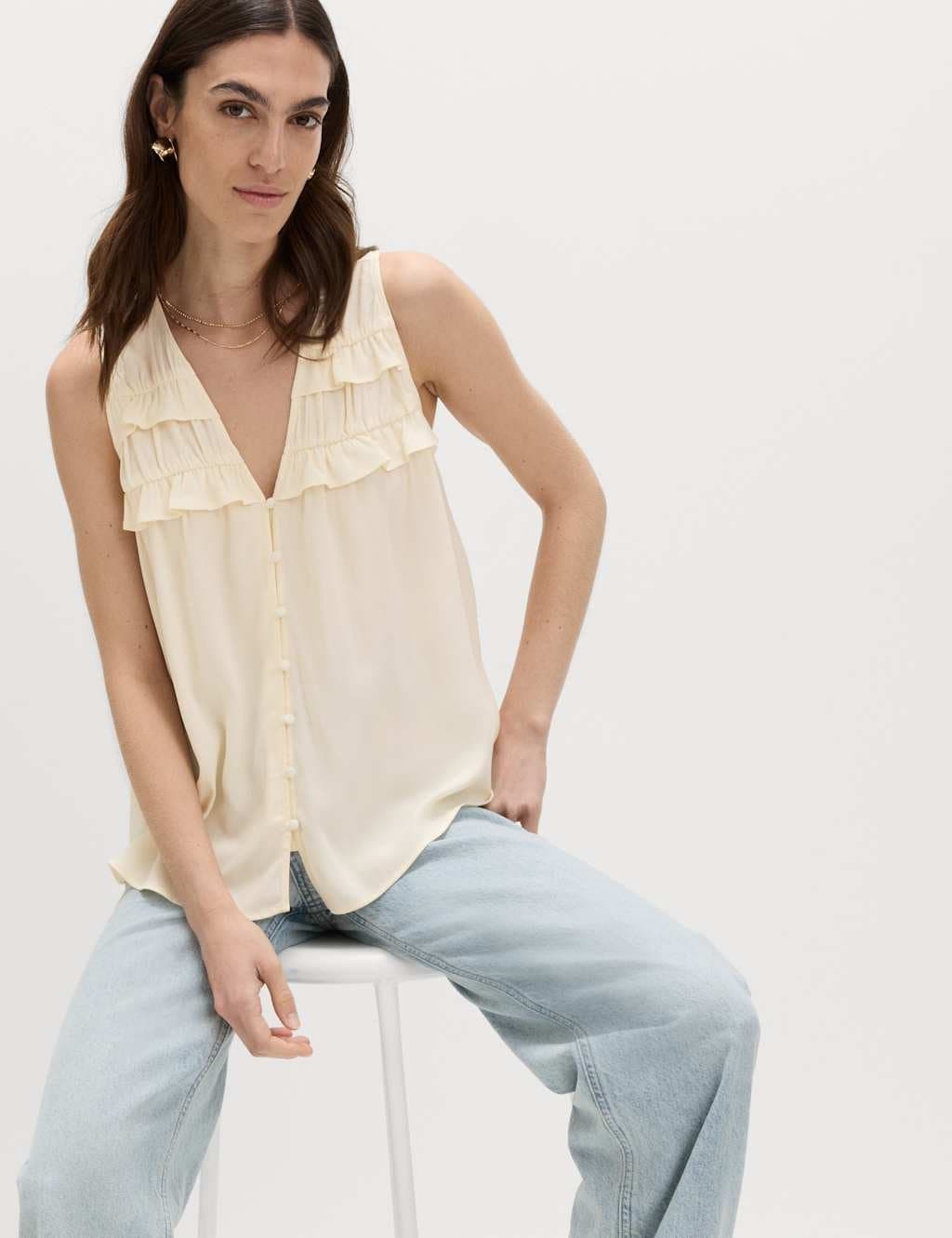 Marks & Spencer M&S Lyocell Rich V-Neck Frill Detail Top Light Cream