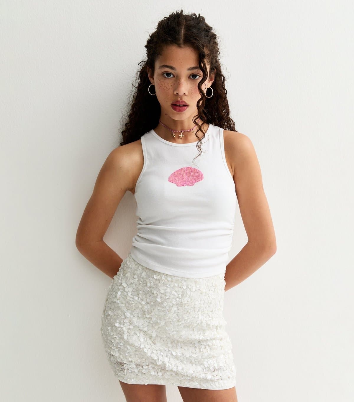 New Look Girls' White Beaded Shell Racer Back Ruched Side Vest New Look