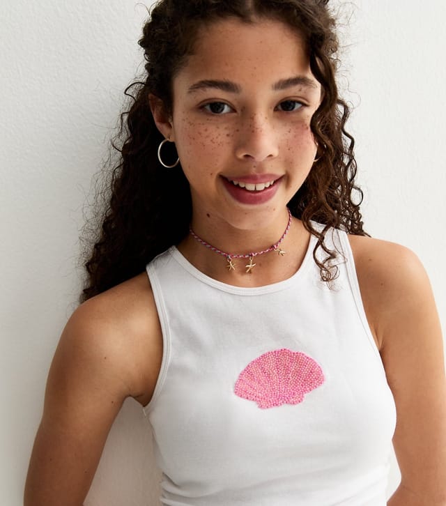 New Look Girls' White Beaded Shell Racer Back Ruched Side Vest New Look - 2