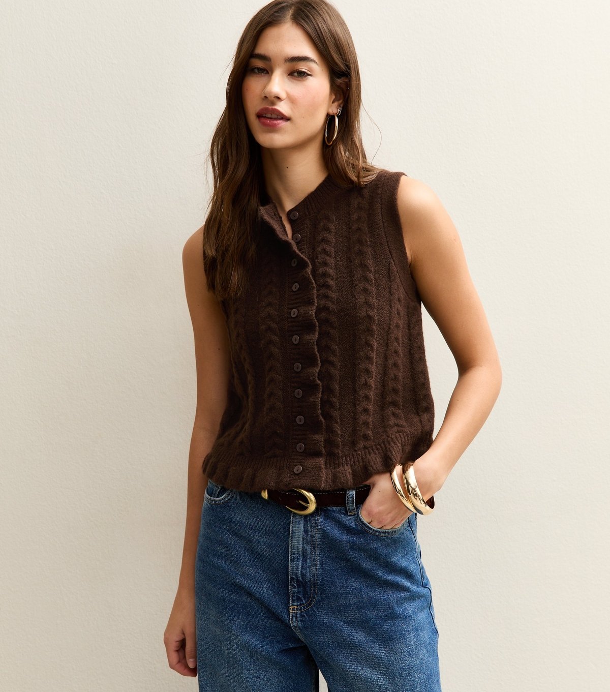 New Look Women's Dark Brown Cable Knit Frill Trimmed Waistcoat New Look - 1