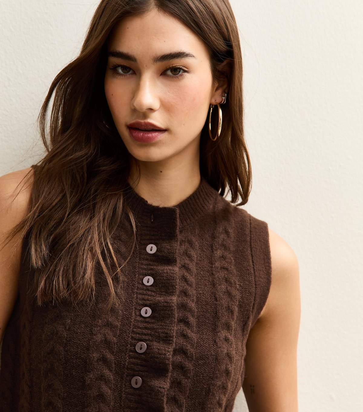 New Look Women's Dark Brown Cable Knit Frill Trimmed Waistcoat New Look - 3