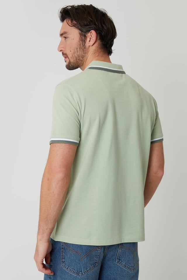 Threadbare Threadbare Men's Herringbone Tipping Cotton Pique Polo Shirt in Pale Green - 2