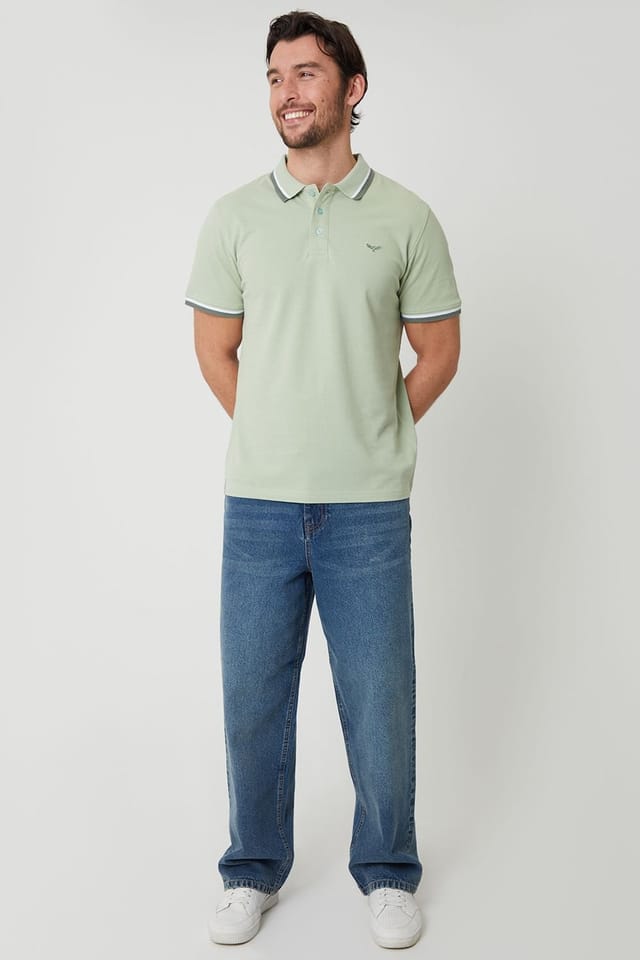 Threadbare Threadbare Men's Herringbone Tipping Cotton Pique Polo Shirt in Pale Green - 3