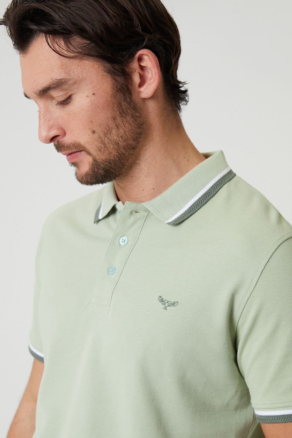 Threadbare Threadbare Men's Herringbone Tipping Cotton Pique Polo Shirt in Pale Green - 4