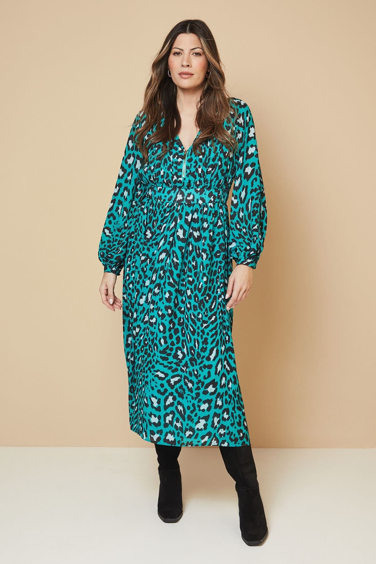 Wallis Wallis Women's Abstract Pin Tuck Detail Zip Midi Dress in Green