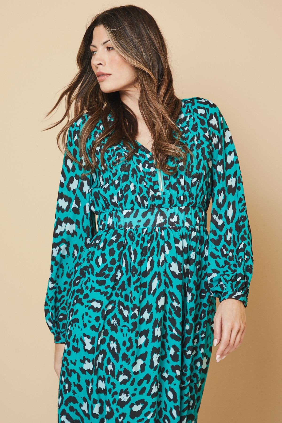 Wallis Wallis Women's Abstract Pin Tuck Detail Zip Midi Dress in Green - 4