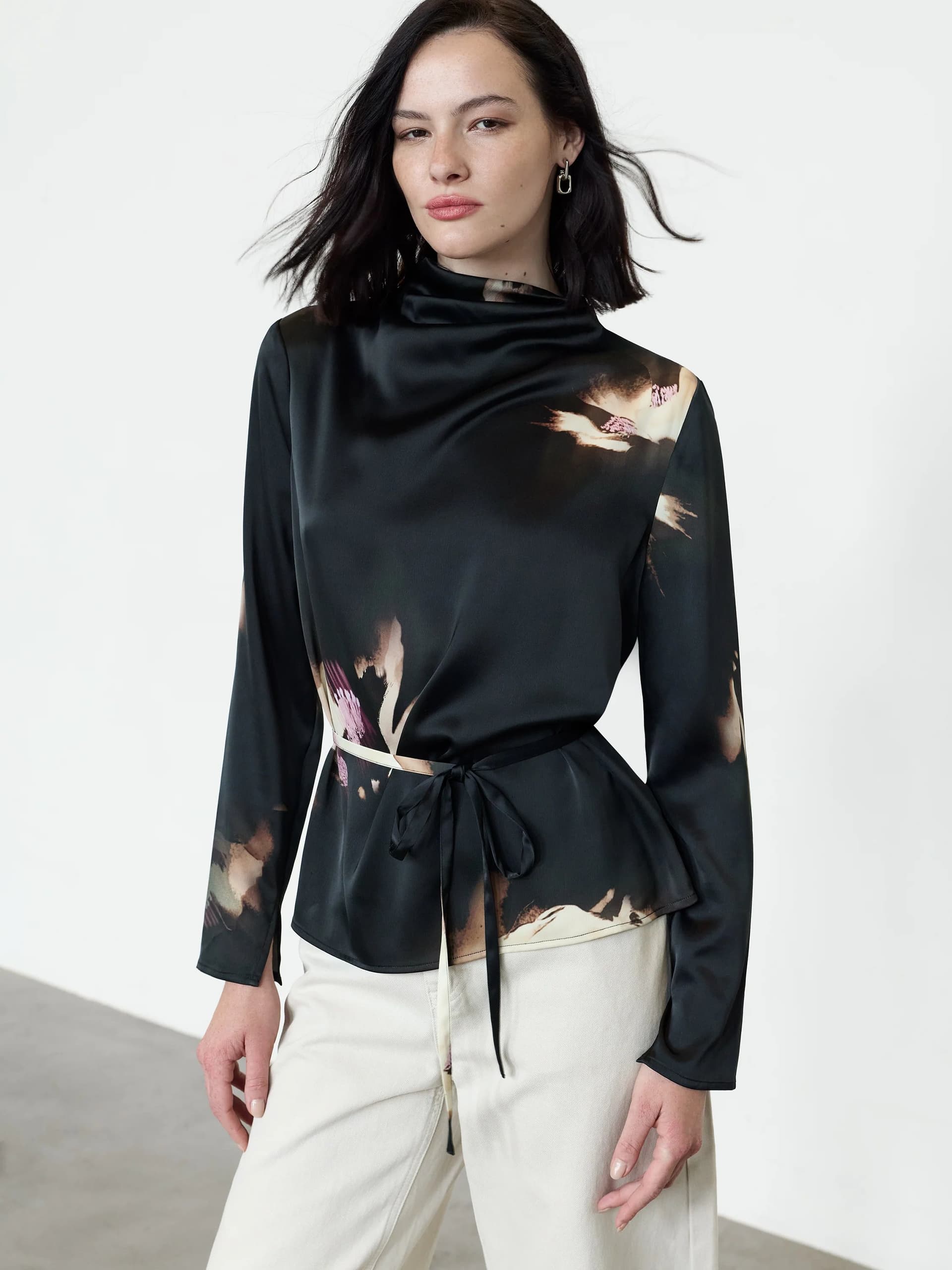 French Connection Paloma Black Floral Satin Tie Waist Top Black Multi