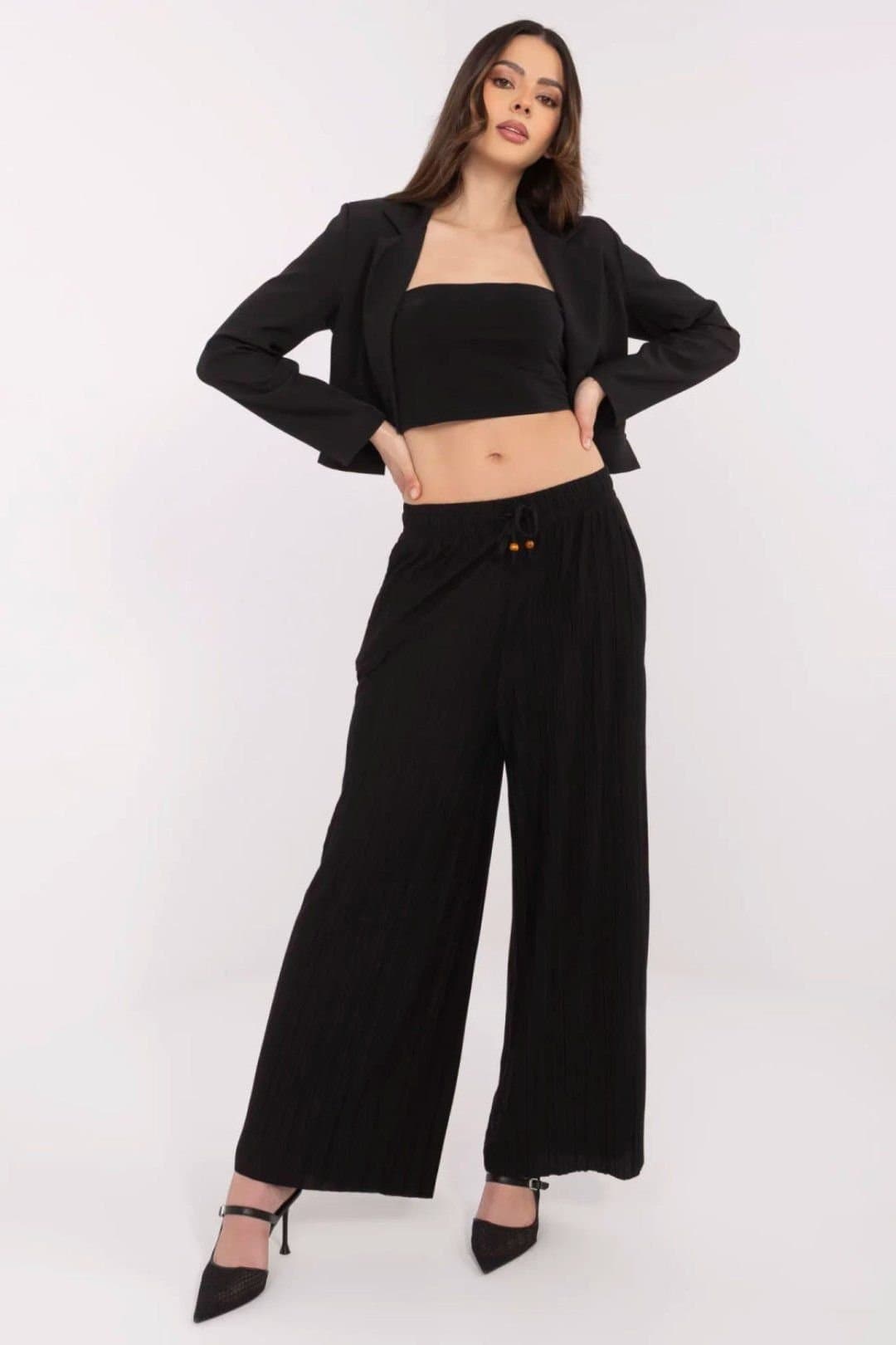 Love Lace Love Lace Women's Tie Waist Casual Wide Leg Trousers in Black