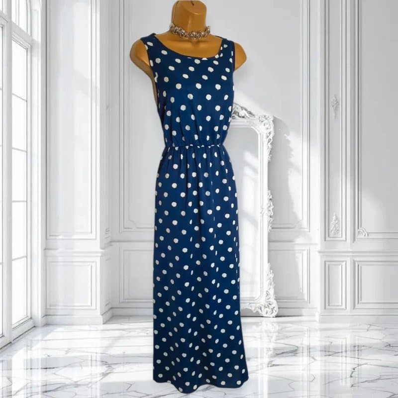 unbranded size 16 18 navy blue white polkadot long dress elasticated waist
