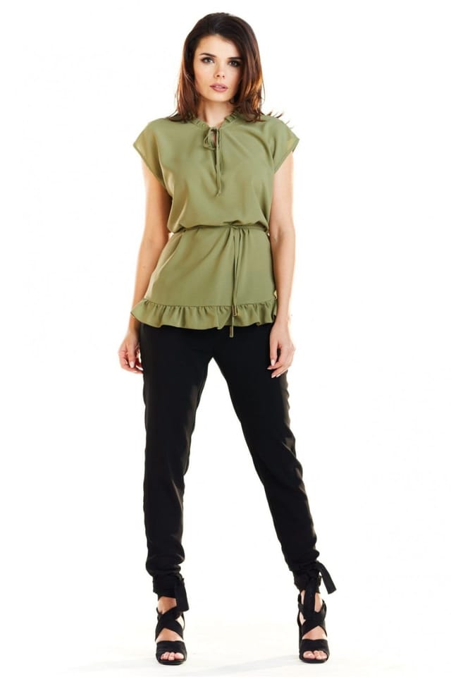 Love Lace Love Lace Women's Short Sleeve Tie Waist Neckline Blouse in Green - 2