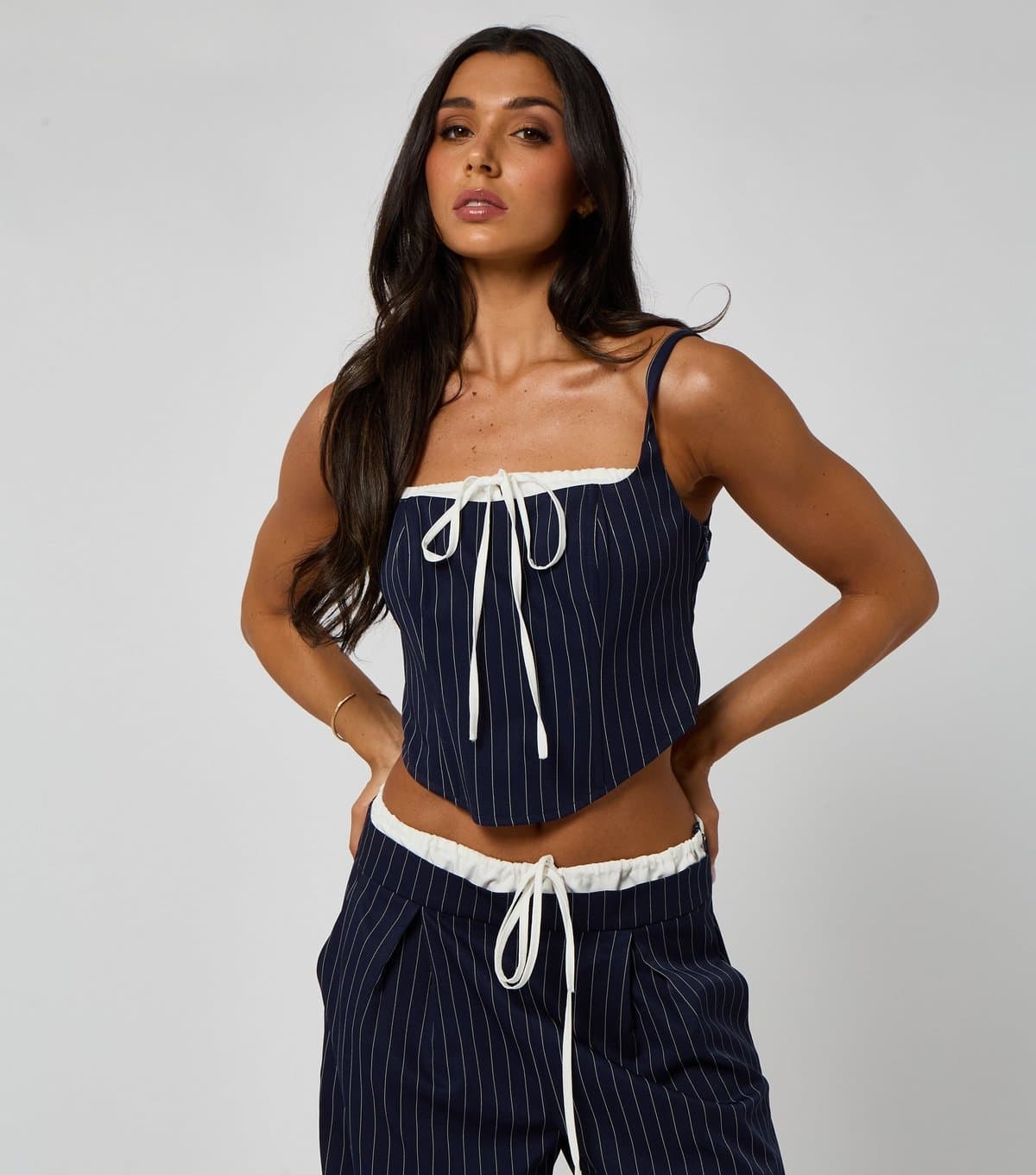 Urban Bliss Women's Navy Pinstripe Tie Detail Top Urban Bliss New Look