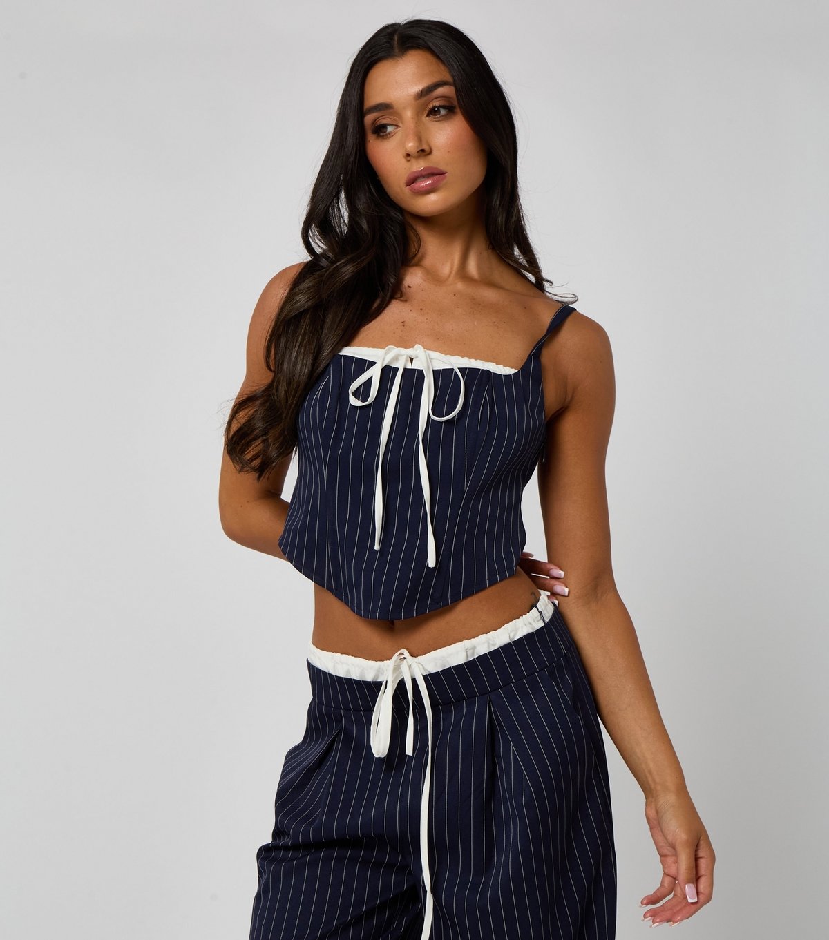 Urban Bliss Women's Navy Pinstripe Tie Detail Top Urban Bliss New Look - 2