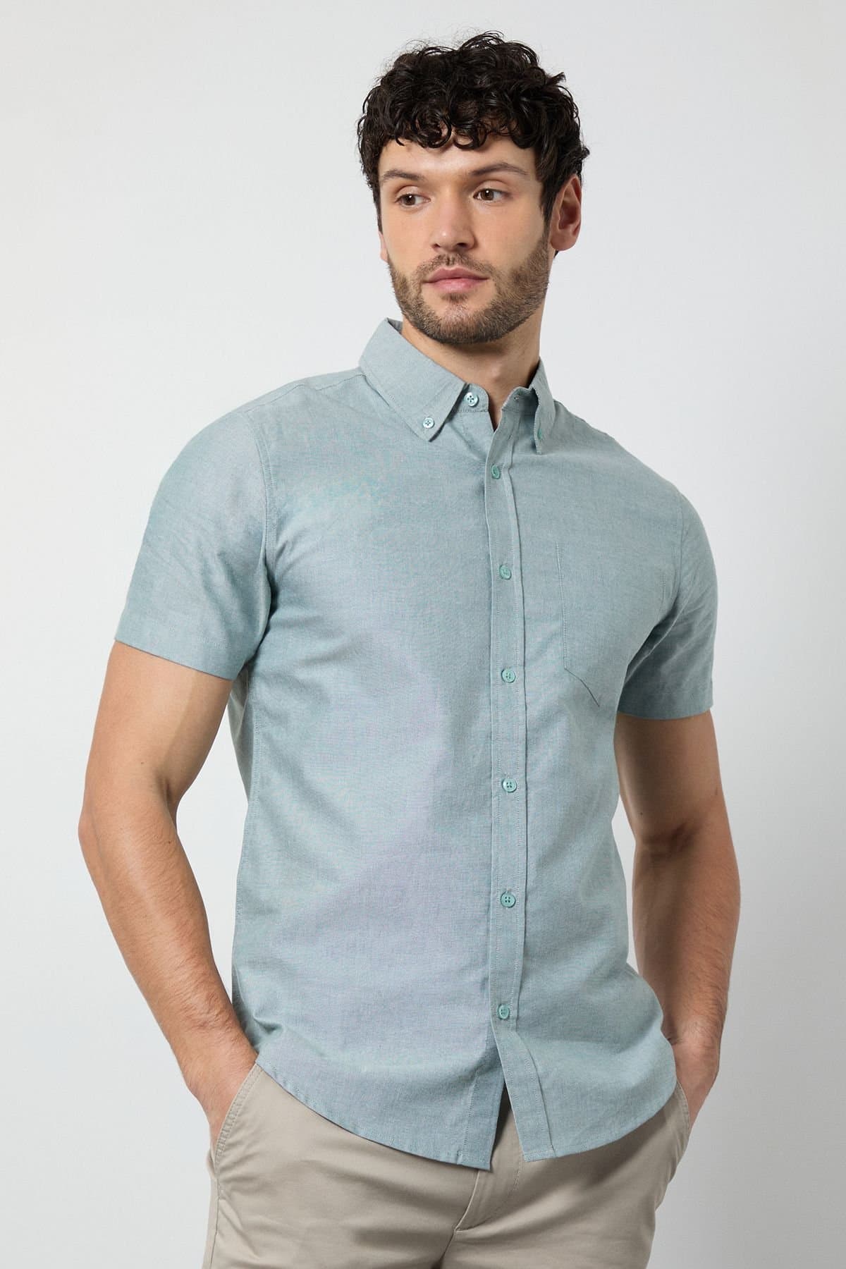 Burton Burton Men's Green Short Sleeve Button Down Oxford Shirt