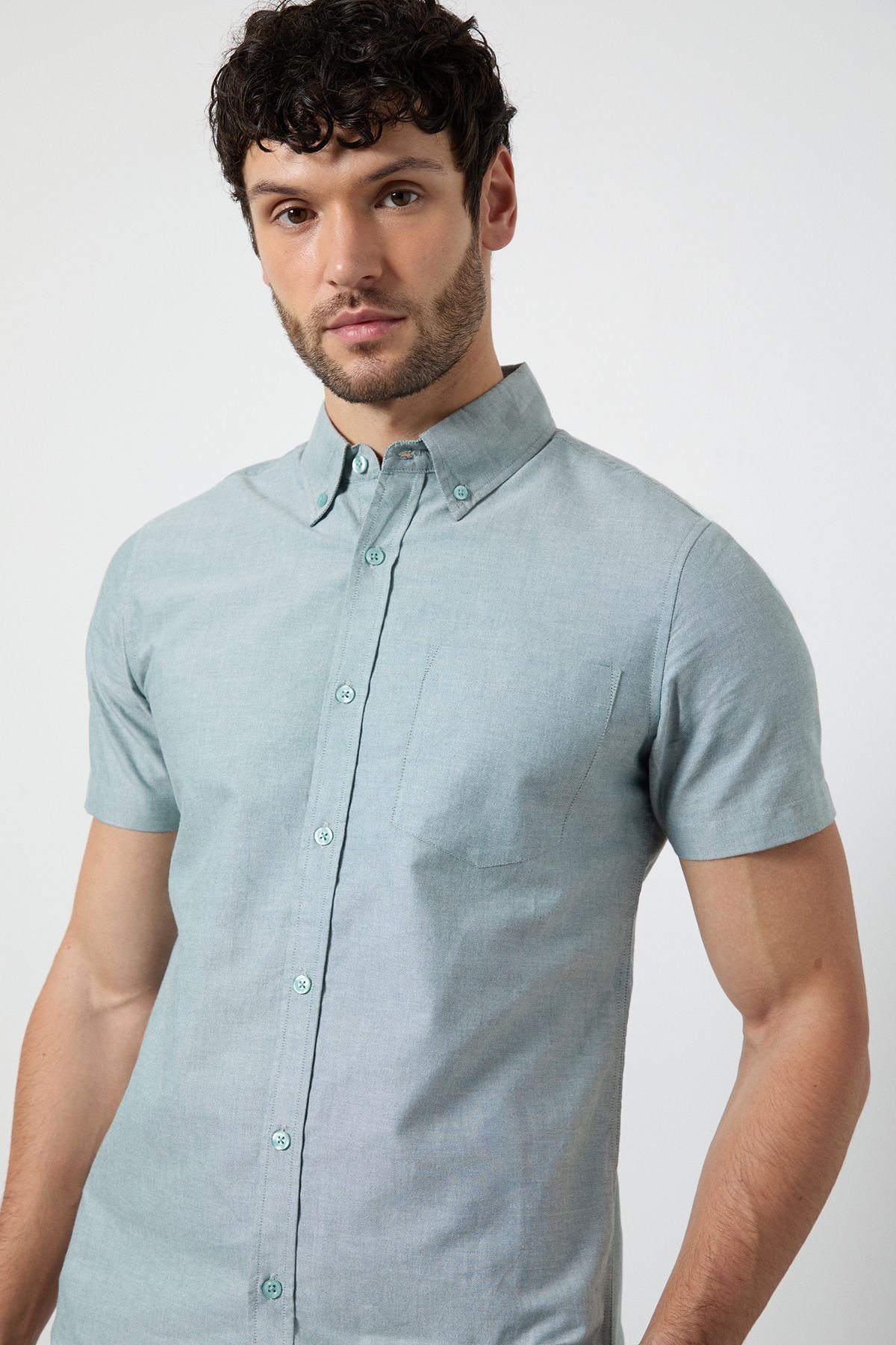 Burton Burton Men's Green Short Sleeve Button Down Oxford Shirt - 4