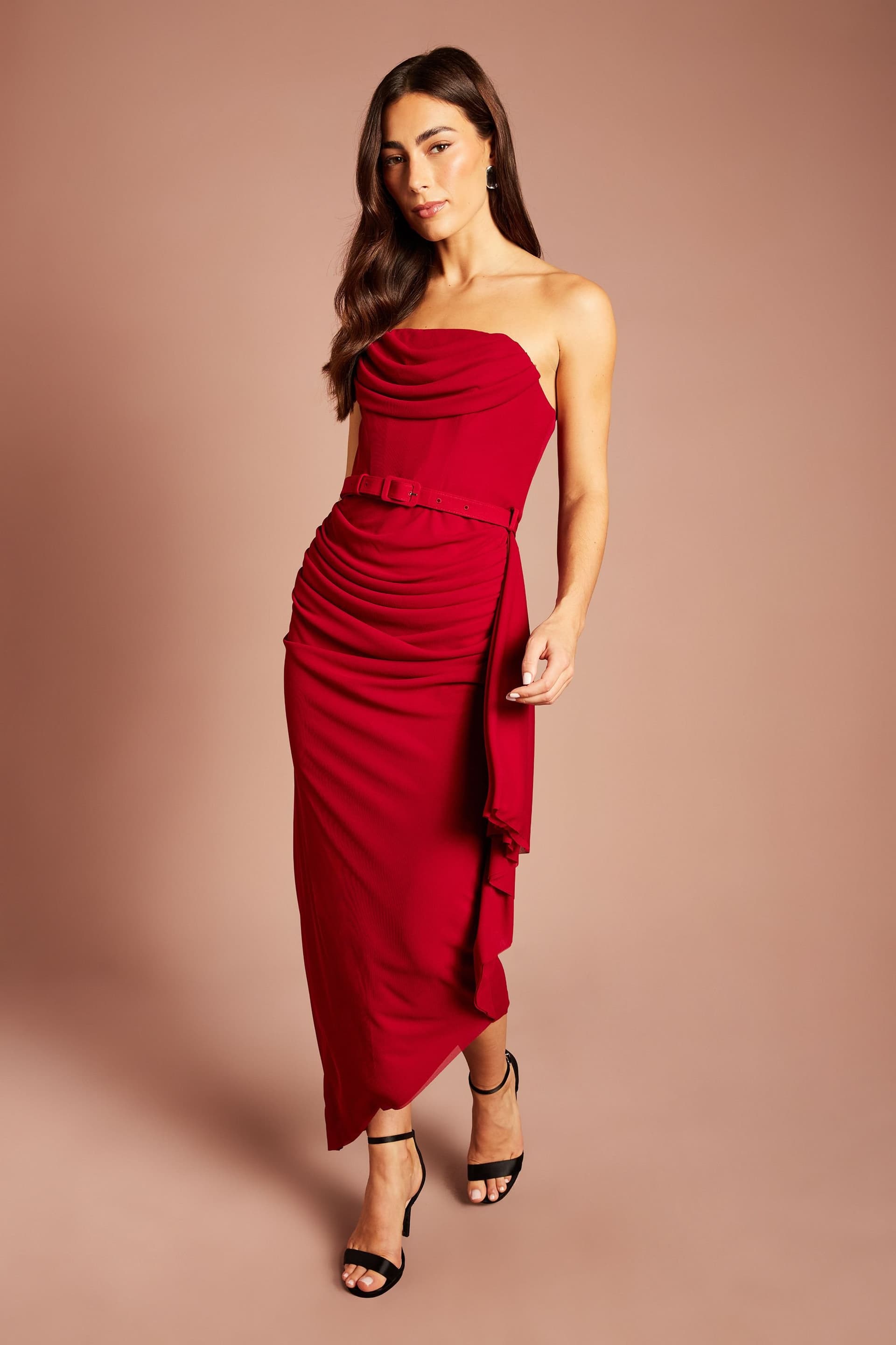 Coast Coast Women's Bandeau Asymmetric Mesh Belted Maxi Dress in Red
